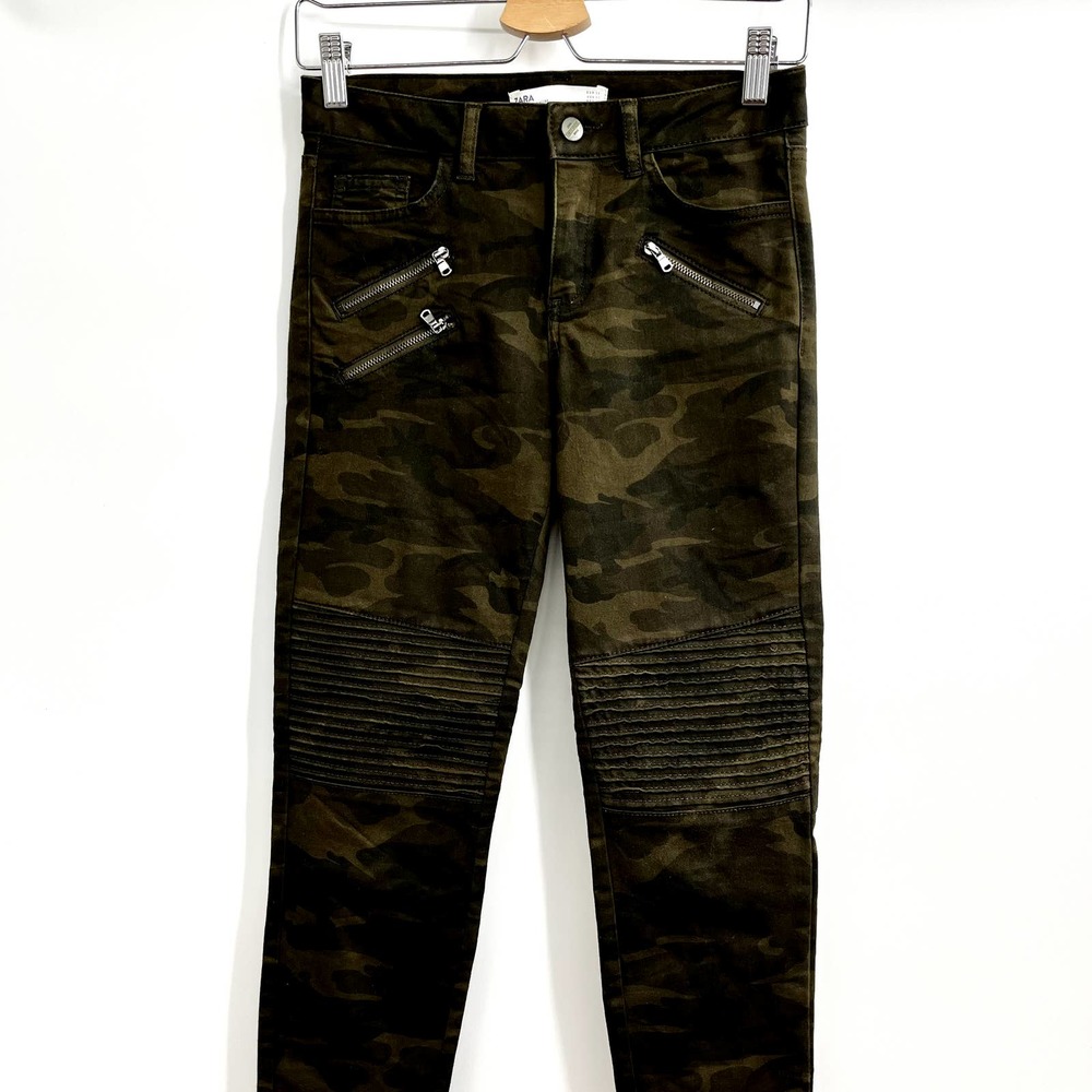 Zara Camo Moto Pants Military Utility Fatigue Green Camouflage Pants Size 2